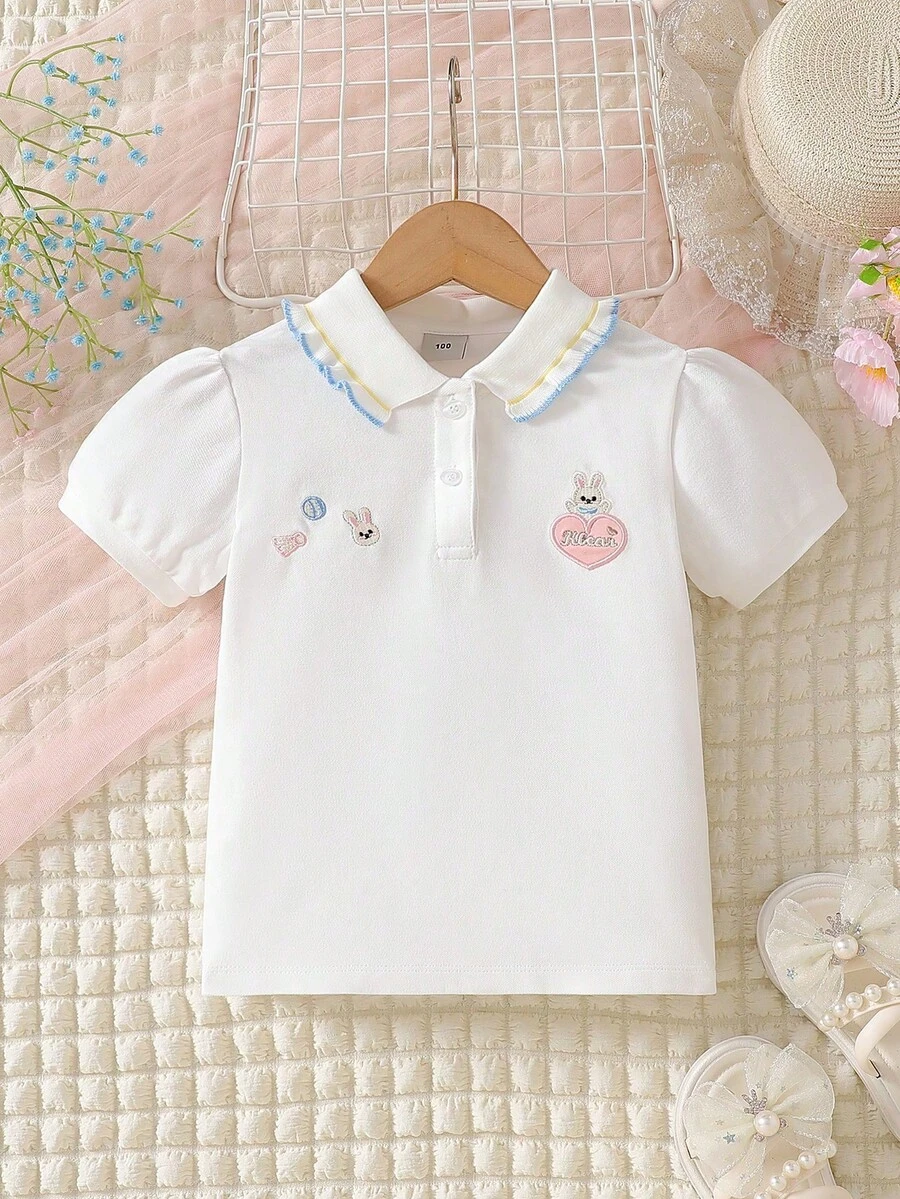 少女卡通刺绣白色新款Polo衫,休闲打底衫 - 白色 - 查看 1