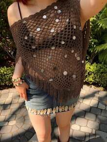 2026 Women's Spring/Summer Vacation Sequin Decor Hollow-Out Knit Asymmetric Tassel Hem Cover Up - Coffee Brown - View 9