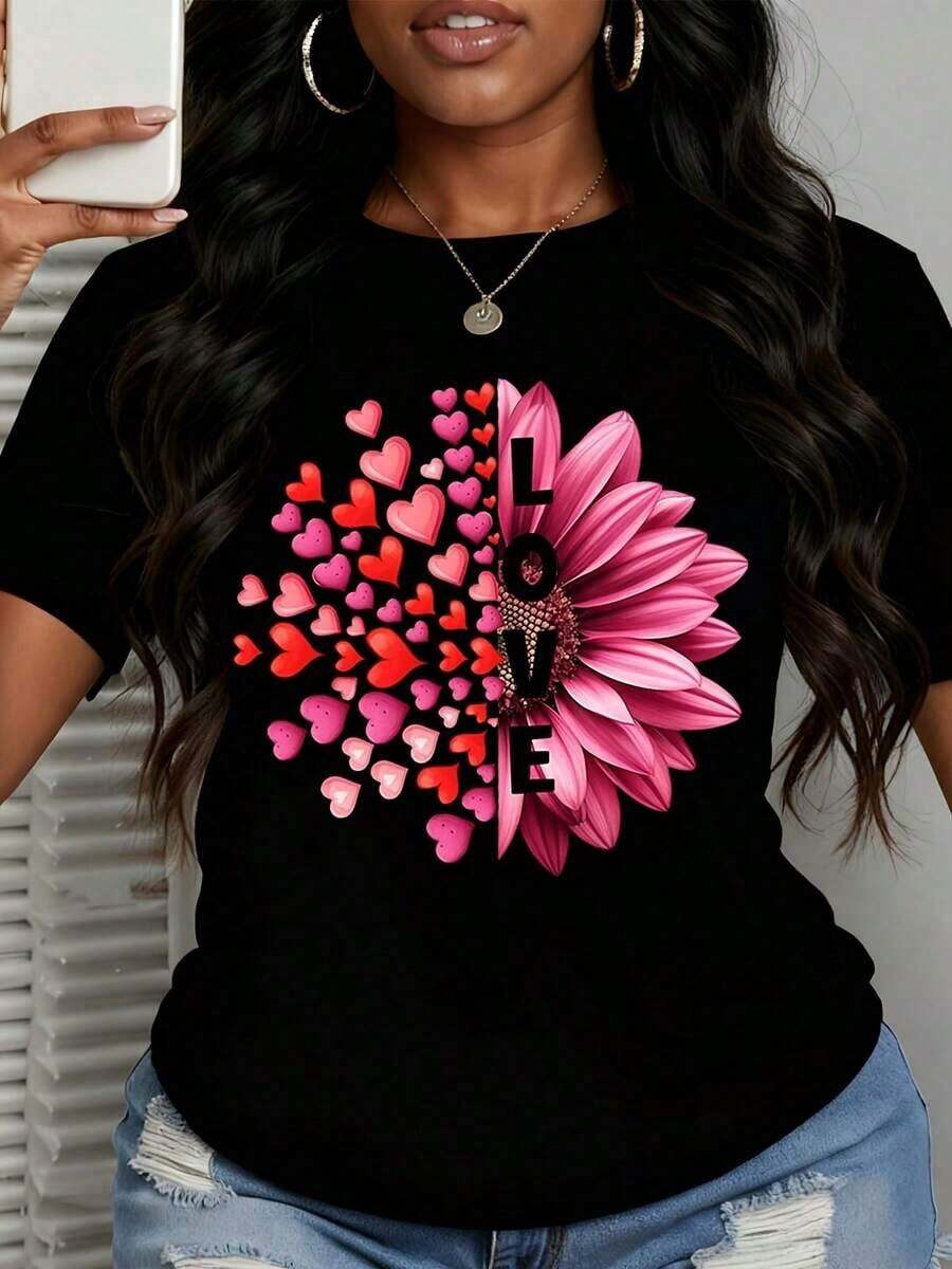 Camiseta de manga corta para mujer con diseño de corazón y flores, camiseta gráfica para mujer, top casual de manga corta, camisa blanca de moda de verano con diseño de margaritas rosas y corazones. - Negro - Ver 1