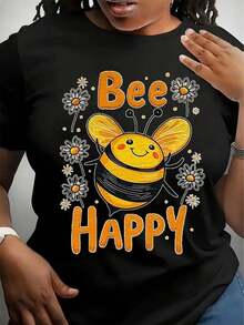 Bee Happy T-Shirt With Graphic Bee Design, Funny Bee Design T-Shirt, T-Shirt With Positive Quote, Gift For Bee Lovers, Casual T-Shirt. - 黑色 - 查看 1
