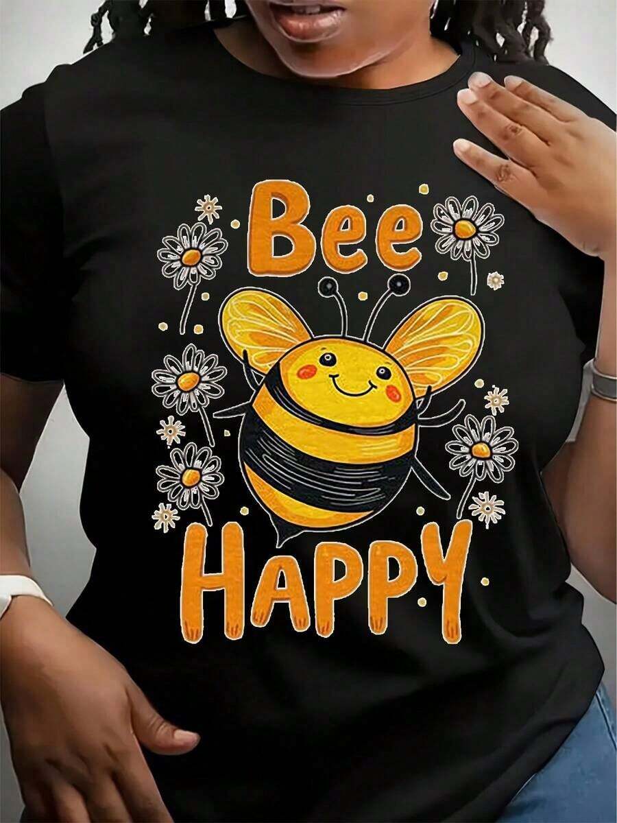 Bee Happy T-Shirt With Graphic Bee Design, Funny Bee Design T-Shirt, T-Shirt With Positive Quote, Gift For Bee Lovers, Casual T-Shirt. - 黑色 - 查看 1
