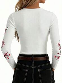 Camiseta de manga larga de ajuste ceñido de unicolor casual para mujer, otoño - Blanco - Ver 2