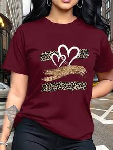 Glitter Heart Print T-Shirt With Leopard Print Design,  And Breathable, Suitable For Family Trips, School Activities, Casual Sports, Daily Commutes, Matching Sister Outfits, Versatile T-Shirt. 9XO7 - 紅色 - 查看 1