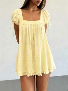 Womens Square Neck Blouse Short Sleeve Doll Ruffle Tops Dress Oversized Cute Peplum Casual Top Y2K Lace Trim Ruffle Flowy Dresses - 黃色 - 查看 4
