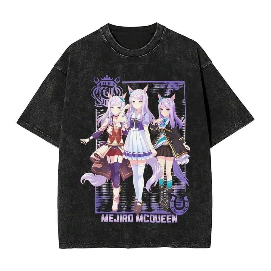 Valentine's Day T-Shirts UmaMusu Haru Urara Uma 13Musume, Washed Hop T-Shirts, Vintage Style For Men And Women, Streetwear, Printed T-Shirts - 黑色 - 查看 1