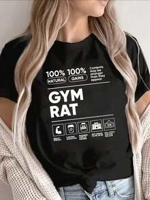 100% Cotton Polyester T-Shirt For Women "Gym Rat", 100% Natural Gains Design, Lightweight And Durable, Ideal For Gym, Training Or Casual Wear, Short Sleeve With Fun Fitness Graphics - 黑色 - 查看 6