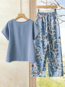 2 piezas Conjunto ajustado de mujer con estampado geométrico de bloques de color, adecuado para primavera y verano, apropiado para salir, casual - Celeste - Ver 2