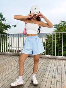 Shorts informales sueltos a rayas azules para el verano - Azul - Ver 5