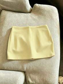 corta de unicolor casual para mujer, conjunto de faldas pantalón de verano con falda y pantalón corto interior, dos piezas para damas, faldas pantalón de mezclilla de cintura alta para mujer - Amarillo - Ver 2