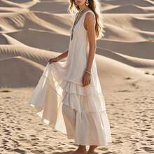Women's Long, Flowing, Layered, Sexy, Sleeveless Summer Dress With Loose Ruffles, A Long, Flowing Beach Dress. - trắng - Xem 4