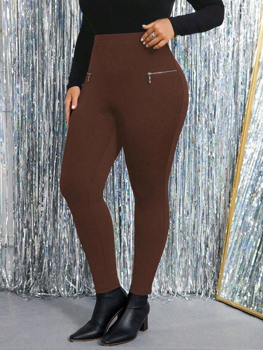 Pantalones pitillo elásticos de unicolor con cremallera decorativa, para uso casual diario en talla grande - Marrón - Ver 1