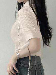 Blusa suelta de unicolor con cuello vuelto y pliegues para mujer, color morado, para primavera/verano/otoño, ropa de mujer de manga larga - Albaricoque - Ver 2