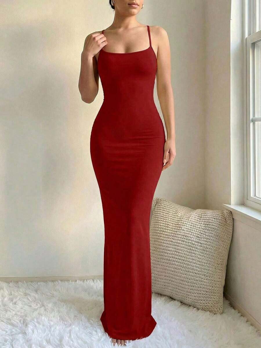 Vestido largo de uso diario con tiras cruzadas sencillas y liso para mujer - Burdeos - Ver 1