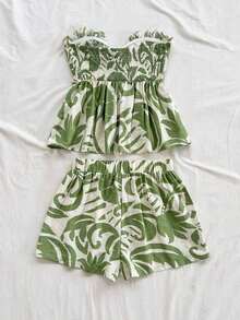 Set de 2 piezas para mujer con parte superior corta sin mangas con volantes y estampado de rayas y flores, y shorts casuales para verano, vacaciones en la playa y fiestas - Verde 2 - Ver 2