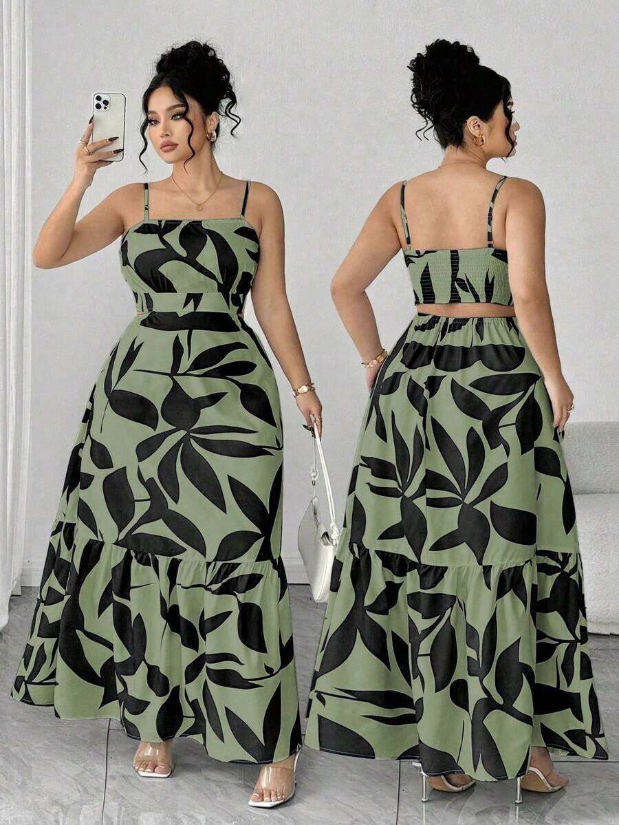 Vestido elegante de mujer talla grande con tirantes finos, cintura fruncida y diseño evasé, con estampado de hojas de dos colores, diseño evasé estilizador, elegante y sofisticado, adecuado para volver al colegio, graduación, San Valentín, festiva - Verde militar - Ver 1