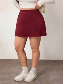 Falda corta casual de línea A de unicolor negro básico para mujer de talla grande, amigable con las curvas del Body redondeado, para el invierno, para la figura de Body redondeado tipo manzana - Burdeos - Ver 3
