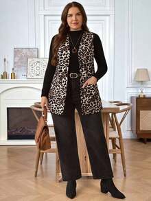 Abrigo sin mangas con bolsillo y estampado de leopardo para mujer talla grande, de estilo casual para vacaciones y principios de primavera.Ideal para salidas casuales, sencillo y de moda para uso diario.Talla grande, para mujer, Año Nuevo, Ac - Multicolor 2 - Ver 7