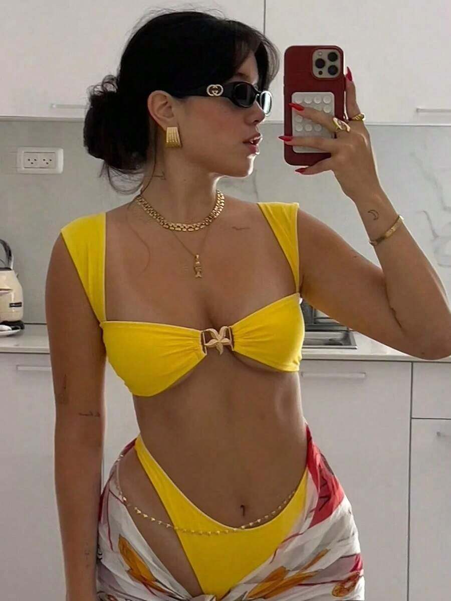 Nuevo conjunto de bikini de mujer sexy y casual con tirantes anchos y decoración de estrella de mar en color caqui, adecuado para la playa, vacaciones, fiestas y citas - Amarillo - Ver 1