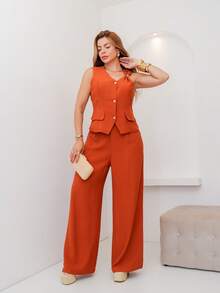 Women's Tailored Suit With Vest And Wide-Leg Trousers, Autumn/INC-1039 - Màu Cam cháy - Xem 3