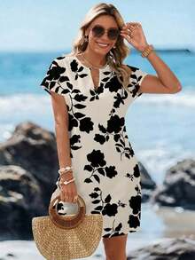 Vestido casual de mujer con estampado floral, cuello en V y manga corta para vacaciones - Multicolor 3 - Ver 8