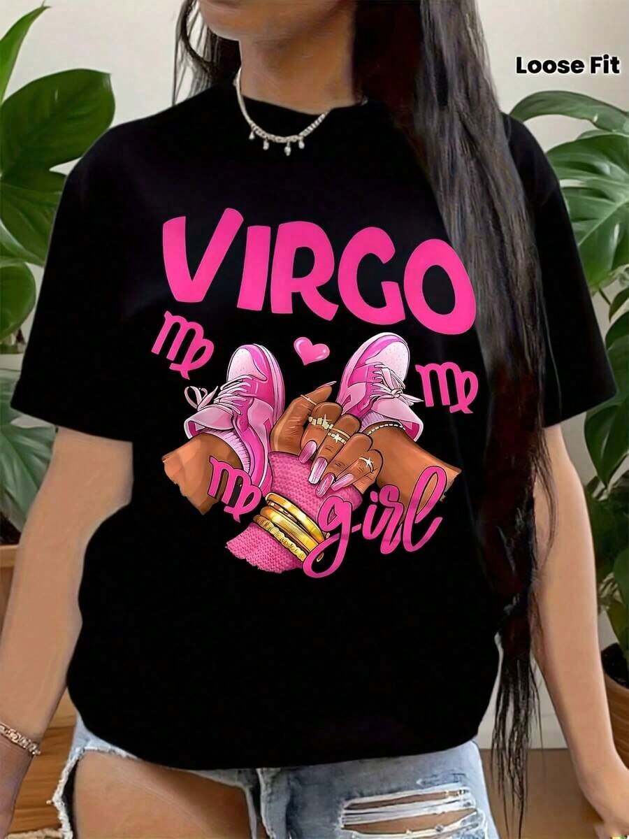 Urban Wear, Oversized Crew Neck T-Shirt For Everyday Outings, Camping, Concerts, Hip-Hop, Rock, And Rap Events. Virgo Leopard T-Shirt, Virgo Birthday T-Shirt, Virgo Gift, Virgo Gifts For Women, Virgo T-Shirt, Virgo Zodiac T-Shirt. - 黑色 - 查看 1