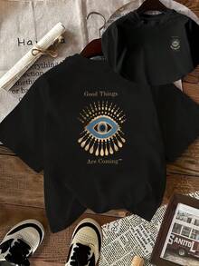 Women's T-Shirt With Gold Evil Eye Print On The Back And Slogan "Good Things Are Coming" - Short Sleeve, Round Neck, Casual Top, Not Suitable For Daily Wear, Machine Washable, Blush Color, Ideal For Style Enthusiasts, Year-Round Clothing - 黑色 - 查看 1