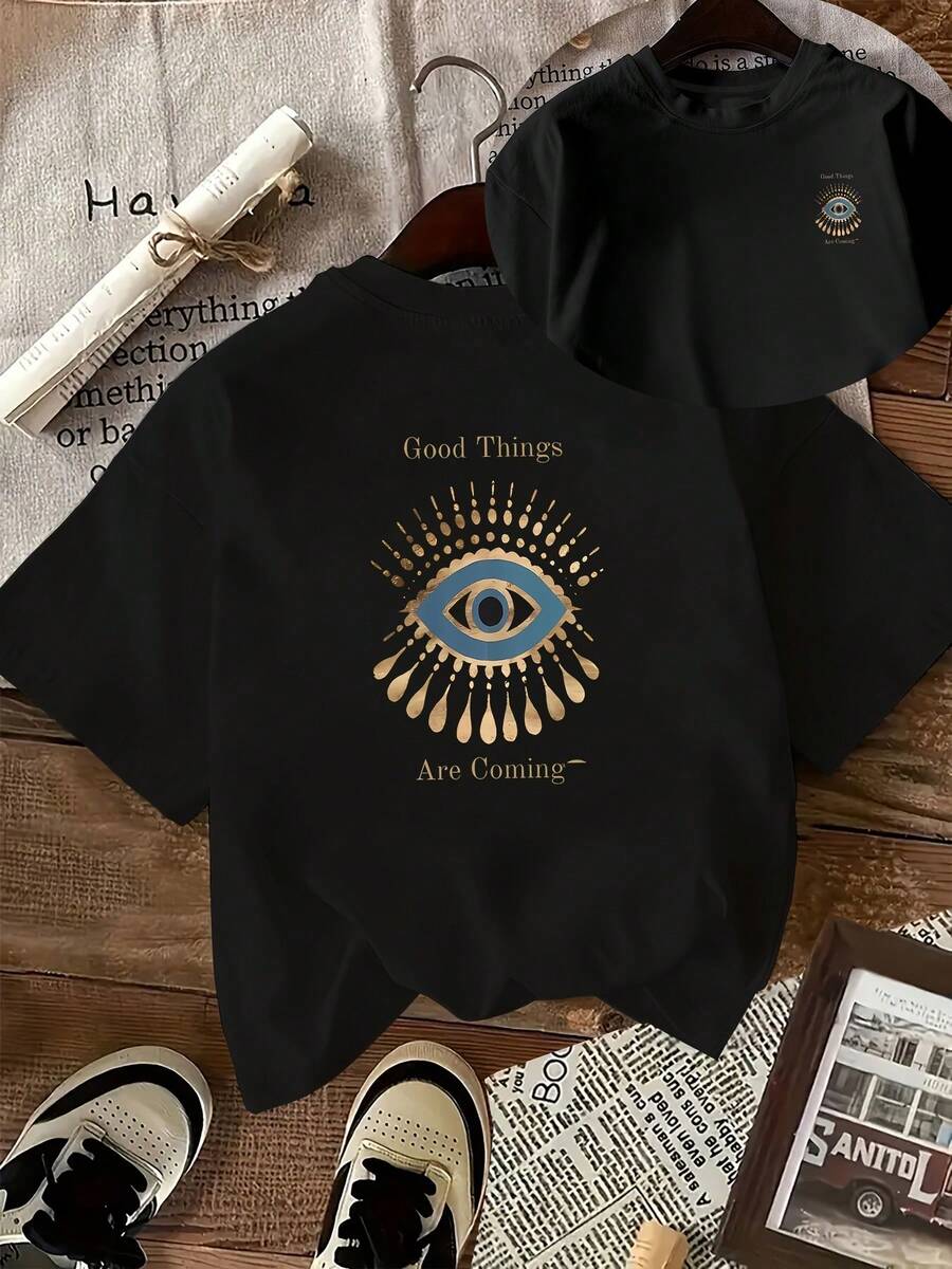 Women's T-Shirt With Gold Evil Eye Print On The Back And Slogan "Good Things Are Coming" - Short Sleeve, Round Neck, Casual Top, Not Suitable For Daily Wear, Machine Washable, Blush Color, Ideal For Style Enthusiasts, Year-Round Clothing - 黑色 - 查看 1