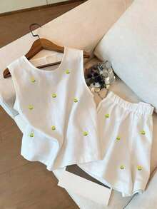 Conjunto de top de tirantes y shorts con bordado floral diminuto - Blanco - Ver 3