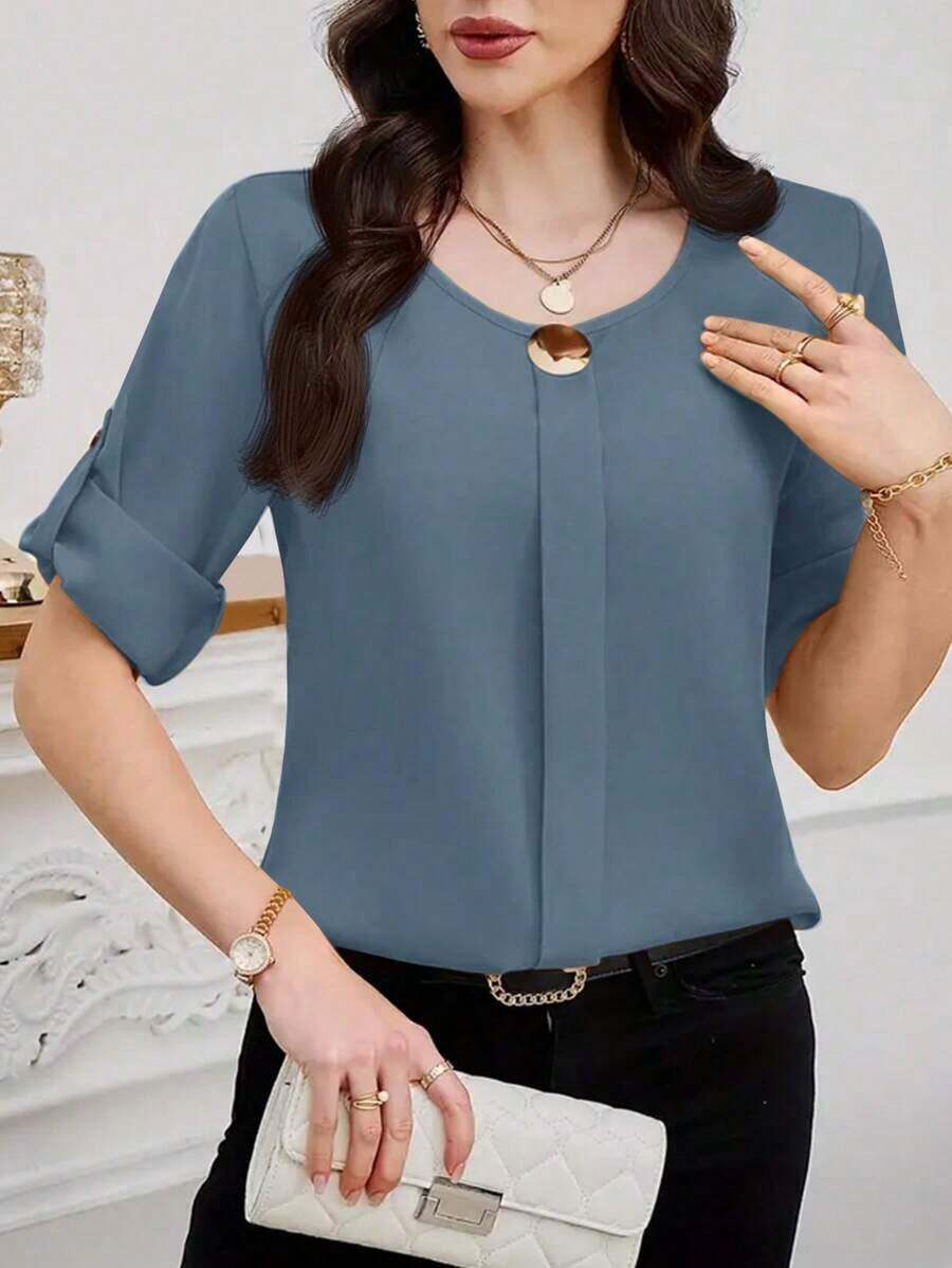 Clasi Blusa casual sencilla para uso diario con cuello redondo, manga corta y botones delanteros para mujer - Niebla azul - Ver 1