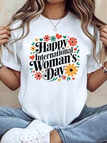 International Women's Day Themed T-Shirt | Decorated With Colorful Flower And Heart Slogans, Casual Short Sleeves, Vibrant And Cheerful Festive Style, Everyday Top - 白色 - 查看 6