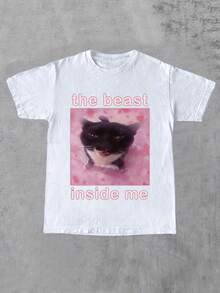 Limited Time Offer, Limited Quantity Available, Flash , Women's Shirts, Women's T-Shirts. Exclusive Design Women's T-Shirts With Cat Print And Letter Print In Comfortable Colors. - 白色 - 查看 1