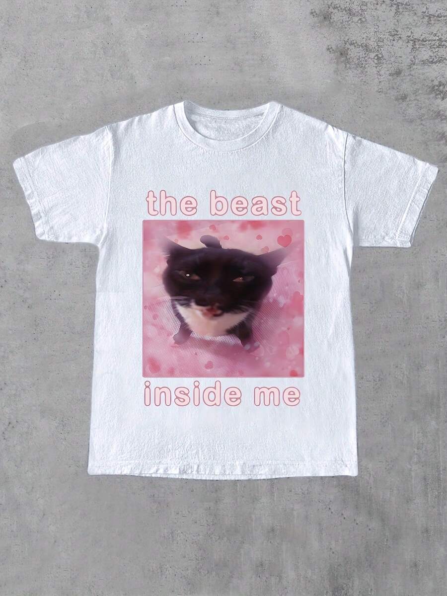 Limited Time Offer, Limited Quantity Available, Flash , Women's Shirts, Women's T-Shirts. Exclusive Design Women's T-Shirts With Cat Print And Letter Print In Comfortable Colors. - 白色 - 查看 1