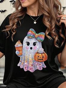 Playera unisex de manga corta y cuello redondoPlayera de mujer moderna estilo Halloween, estampado fantasma con diamantes de colores, holgada, cuello redondo, manga corta, otoño, ideal para fiestas y uso diario2026 - Negro - Ver 6