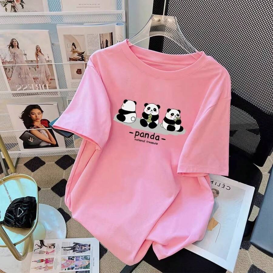 Camiseta con estampado de camisa casual para mujer, manga corta y cuello redondo, moda urbana local de primavera/verano camiseta unisex. 5GF8 - rosa - Ver 1