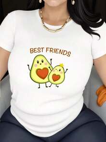 Casual Crew Neck Short Sleeve T-Shirt, Cotton Fabric, Soft, Breathable And Comfortable, Quick Drying, Easy Care, Cartoon Butter Fruit Print, Medium Elasticity, 180 G/M², Suitable For All Seasons, For Outdoor And Leisure Use, 100% Cotton, Durable - 白色 - 查看 1