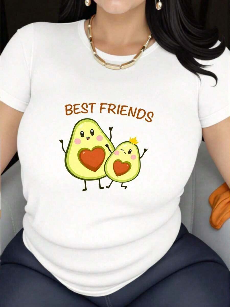 Casual Crew Neck Short Sleeve T-Shirt, Cotton Fabric, Soft, Breathable And Comfortable, Quick Drying, Easy Care, Cartoon Butter Fruit Print, Medium Elasticity, 180 G/M², Suitable For All Seasons, For Outdoor And Leisure Use, 100% Cotton, Durable - 白色 - 查看 1