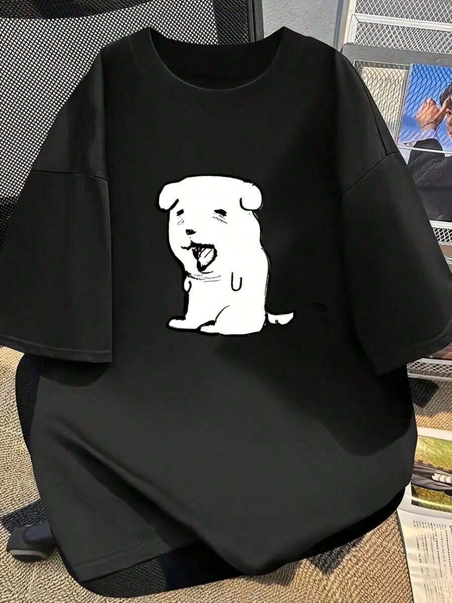 Under The Radar Women's Casual Off-Shoulder Short-Sleeve T-Shirt With A Playful And Adorable Yawning Puppy Print - A Fun And Heartwarming Design - A Niche Style Perfect For Everyday Wear By Students. Unisex Cotton Loose Fit Short-Sleeve Crew Neck T-Shirt With An Urban Vintage Style - 黑色 - 查看 1