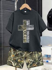 2pcs/Set Teen Boys Crew Neck Short Sleeve T-Shirt With Simple Print Pattern And Loose Casual Fashion Shorts, Summer New Style - Dark Grey - View 1