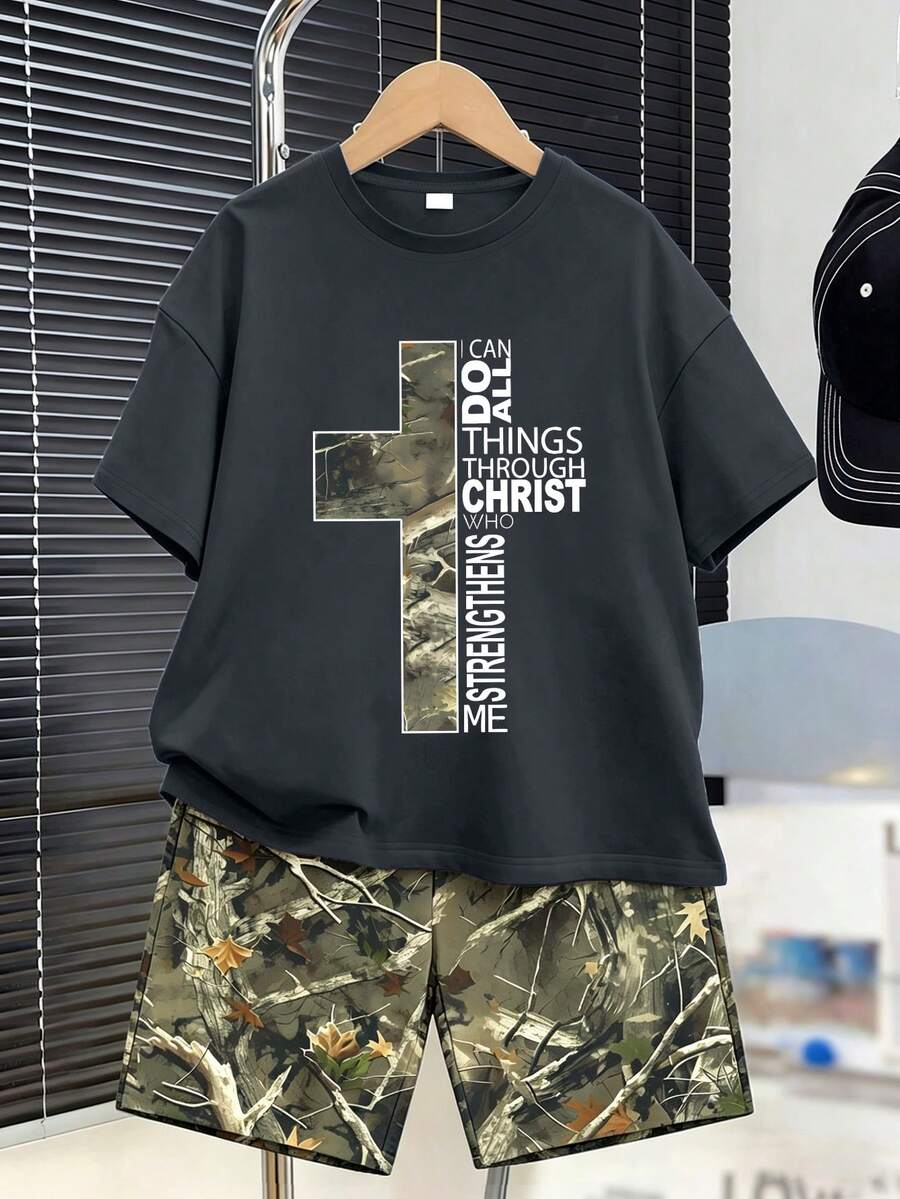 2pcs/Set Teen Boys Crew Neck Short Sleeve T-Shirt With Simple Print Pattern And Loose Casual Fashion Shorts, Summer New Style - Dark Grey - View 1