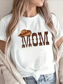 1 camiseta de manga corta de poliéster, diseñada con un estilo occidental, adecuada para uso casual en casa o en restaurantes, ligera y duradera, ideal para el uso diario, con un estampado de sombrero marrón y un llamativo texto impreso, 180g Algodón 100%. - Blanco - Ver 12