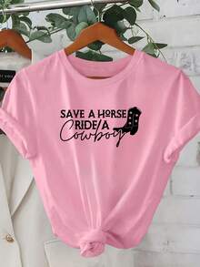 1 Women's Short Sleeve Summer T-Shirt - 2D Geometric Print With The Phrase "Save A Horse, Ride A Cowboy," Combined With A Cowboy Boot Design. Modern Urban Style. | Youthful Design | Comfortable Fit, Stylish Clothing, 180g, 100% Cotton - 白色 - 查看 9