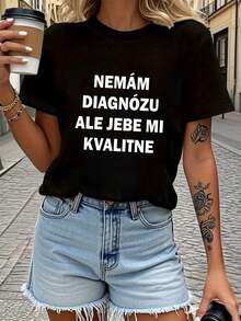 1 camiseta en idioma eslovaco con el texto "No tengo diagnóstico, pero me siento extremadamente incómoda." Camiseta de manga corta para mujer, cuello redondo, primavera/verano, 180g, 100% algodón. - Negro - Ver 7