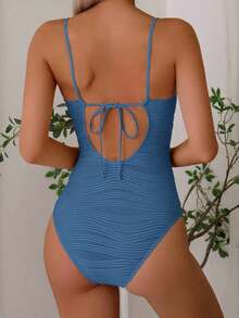 Swim Traje de baño casual de una pieza para vacaciones de verano, de unicolor, con textura de tejido, recogido y con nudo a la espalda, de ajuste ceñido para mujer - Niebla azul - Ver 2