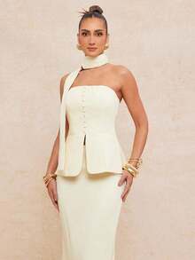 Top corto sin mangas con diseño de lazo y falda ajustada con abertura, color albaricoque, elegante para primavera/verano - Albaricoque - Ver 6