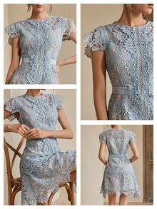 Vestido de verano elegante para mujeres con cuello redondo, manga corta, parches florales, bordados calados y encaje, ideal para primavera, vacaciones y festivales - Celeste - Ver 5
