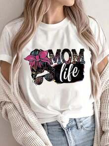 Camiseta de Manga Corta para el Día de la Madre, Estampado "Vida de Mamá", Cuello Redondo, Camiseta Casual de Verano, Ropa para Mujer - [Blanco] - Ver 7