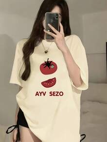 Women's Vintage Casual Short Sleeve T-Shirt, 100% Cotton, Personalized - Loose Fit, Round Neck, Summer Top, With Fun Tomato And AVZSO Prints, Machine Washable, Breathable And Comfortable Fabric, Fruit And Vegetable Design - Unisex Cotton T-Shirt, Urban Vintage Style, Loose Fit, Short Sleeve And Round Neck. - 黑色 - 查看 4