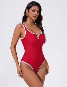 Nuevo traje de baño de una pieza con diseño sexy de bikini en V profunda, color sólido, ajustado al cuerpo. - Azul - Ver 9