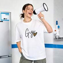 Women's Summer Clothes, Casual Soft Cotton T-Shirt With Round Neck, Leopard Print And Love Gigi Lettering. White. - 白色 - 查看 2
