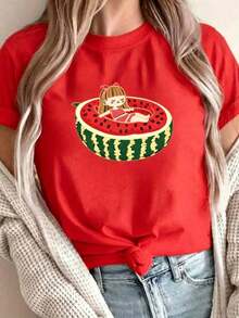 | 1 Playera para Mujer 100% Algodón Transpirable| Camiseta gráfica de sandía amarilla brillante para mujeres - Casual de manga corta y cuello redondo, lavable a máquina, perfecta para vacaciones de primavera/verano y diversión al aire libre - Ideal para el veranoPure-Cotton - Rojo - Ver 9